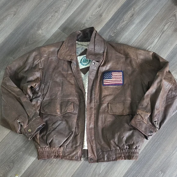 Men's Distressed Brown Leather Bomber Jacket with Flag Patch - Picture 2 of 13